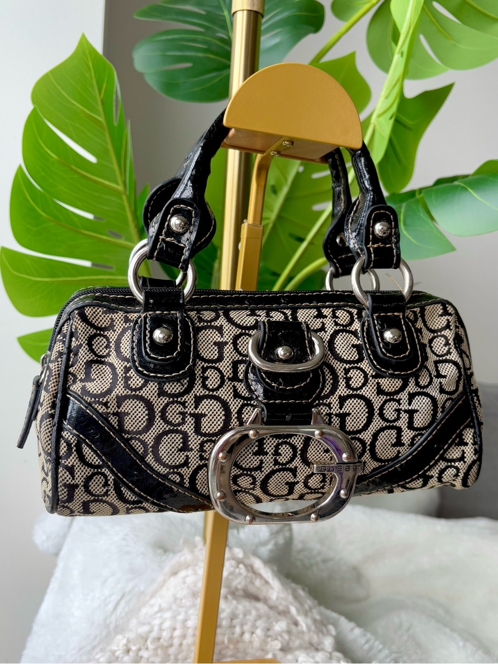 RARE Vintage Y2K GUESS Gloss Mini Monogram Bowler Bag Ostrich McBling - Picture 2 of 13
